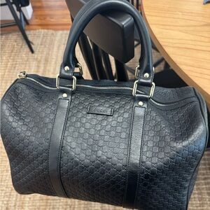 Gucci Black Embossed Leather Duffel Bag with Gold-Tone Hardware